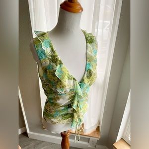 Allen by ABS Green Floral Sleeveless Ruffle Top